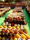 Colorful porcelain jars for sale in an outdoor exhibition