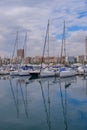 Beautiful port of Alicante, Spain Luxury yachts, ships, fishing boats sailing and standing in rows in harbor Royalty Free Stock Photo