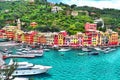 The beautiful Portofino with colorful houses and villas, luxury yachts and boats . Liguria, Italy, Europe