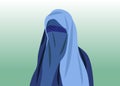 Beautiful portrait of arabic muslim woman closed face veil, blue Burka illustration isolated or green background Royalty Free Stock Photo