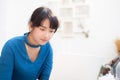 Beautiful portrait asia young woman working online on laptop sitting at cafe shop Royalty Free Stock Photo