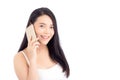 Beautiful of portrait asian young woman smile and happy talking calling with mobile phone isolated Royalty Free Stock Photo