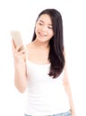 Beautiful of portrait asian young woman smile and happy talking calling with mobile phone isolated Royalty Free Stock Photo