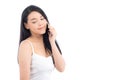 Beautiful of portrait asian young woman smile and happy talking calling with mobile phone isolated Royalty Free Stock Photo