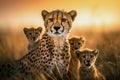 Beautiful portrait of a cheetah mother and her cute cubs at sunset. Amazing african wildlife. Generative Ai Royalty Free Stock Photo