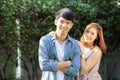 Beautiful portrait couple looking each others eyes and smiling with happy, young asian man and woman relation with love dating Royalty Free Stock Photo