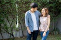Beautiful portrait couple looking each others eyes and smiling with happy, young asian man and woman relation with love dating Royalty Free Stock Photo