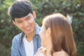 Beautiful portrait couple looking each others eyes and smiling with happy, young asian man and woman relation with love dating Royalty Free Stock Photo