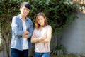 Beautiful portrait couple looking each others eyes and smiling with happy, young asian man and woman relation Royalty Free Stock Photo