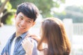 Beautiful portrait couple looking each others eyes and smiling with happy, young asian man and woman relation with love dating Royalty Free Stock Photo