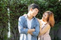 Beautiful portrait couple looking each others eyes and smiling with happy, young asian man and woman relation with love dating Royalty Free Stock Photo