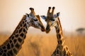 Beautiful portrait of a giraffe couple in love in the African savanna at sunset. Amazing African wildlife. Generative Ai Royalty Free Stock Photo