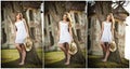 Beautiful portrait girl with hat near a tree in the garden. fairy princess in white dress in the garden. portrait of rural girl