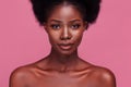 Beautiful portrait of a gorgeous African American fashion model with bare shoulders and afro hair isolated on dirty pink Royalty Free Stock Photo