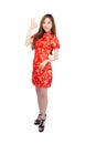 Beautiful Portrait Happy Chinese New Year Young Asian Woman Wear Cheongsam Fashion Smile And Cheerful With Gesture Ok