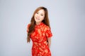 Beautiful Portrait Happy Chinese New Year Young Asian Woman Wear Cheongsam Smile With Gesture Congratulation And Greeting