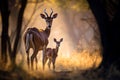 Beautiful portrait of Impala Antelope Baby and Mom between trees and illuminated by the dawn sunlight