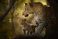 Beautiful portrait of a Leopard with her cub in natural habitat. Amazing African Wildlife. Generative Ai Royalty Free Stock Photo