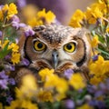 Beautiful portrait of an owl with yellow eyes on a background of yellow flowers