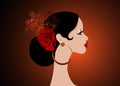 Beautiful portrait Spanish Latin woman, hairstyles for flamenco girl wearing folk accessories peineta, red rose flower and earring