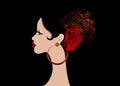 Beautiful portrait Spanish Latin woman, hairstyles for flamenco girl wearing folk accessories peineta, red rose flower and earring
