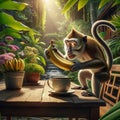 Beautiful portrait of wild monkey eatinh banan in jungle