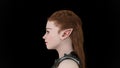 Beautiful portrait of a woman, Side view of the girl. Warm Day Light. Steel armor, Realistic 3d Render model with dark