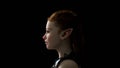 Beautiful portrait of a woman, Side view of the girl. Warm Day Light. Steel armor, Realistic 3d Render model with dark