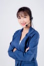 Beautiful portrait young asian business woman customer service job call center in headset isolated on white background Royalty Free Stock Photo