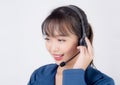 Beautiful portrait young asian business woman customer service job call center in headset isolated on white background Royalty Free Stock Photo