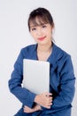 Beautiful portrait young asian business woman holding laptop computer isolated on white background Royalty Free Stock Photo