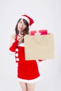 Beautiful portrait young asian woman happy and excited holding paper bag with gift box in xmas holiday isolated Royalty Free Stock Photo