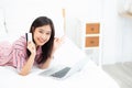 Beautiful of portrait young asian woman lying users credit card