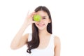 Beautiful of portrait young asian woman smile and holding green apple fruit with heart shape Royalty Free Stock Photo