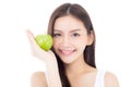 Beautiful of portrait young asian woman smile and holding green apple fruit with heart shape Royalty Free Stock Photo