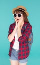 Beautiful portrait young asian woman surprise excited wearing sunglasses and hat travel summer trip isolated