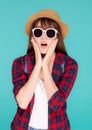 Beautiful portrait young asian woman surprise excited wearing sunglasses and hat travel summer trip isolated