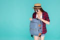 Beautiful portrait young asian woman wear sunglasses and hat open backpack and surprise travel summer trip holiday Royalty Free Stock Photo