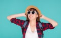 Beautiful portrait young asian woman wear sunglasses and hat smile excited and confident enjoy summer holiday isolated Royalty Free Stock Photo