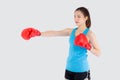 Beautiful portrait young asian woman wearing red boxing gloves with strength and strength  on white background Royalty Free Stock Photo