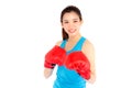 Beautiful portrait young asian woman wearing red boxing gloves w Royalty Free Stock Photo