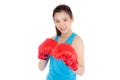 Beautiful portrait young asian woman wearing red boxing gloves w Royalty Free Stock Photo