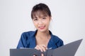 Beautiful portrait young business asian woman cheerful standing holding folder  on white background Royalty Free Stock Photo