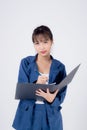 Beautiful portrait young business asian woman cheerful standing holding folder isolated on white background Royalty Free Stock Photo