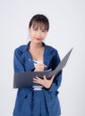 Beautiful portrait young business asian woman cheerful standing holding folder isolated on white background Royalty Free Stock Photo