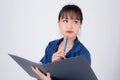 Beautiful portrait young business asian woman cheerful standing holding folder isolated on white background Royalty Free Stock Photo