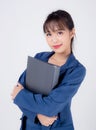 Beautiful portrait young business asian woman cheerful standing holding folder  on white background, asia businesswoman Royalty Free Stock Photo