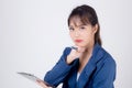 Beautiful portrait young business asian woman holding clipboard with worry and stressed about trouble of work isolated Royalty Free Stock Photo