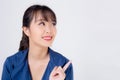 Beautiful portrait young business asian woman presenting show and pointing  on white background Royalty Free Stock Photo