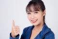Beautiful portrait young business asian woman standing gesture thumbs up sign with confident isolated on white background Royalty Free Stock Photo